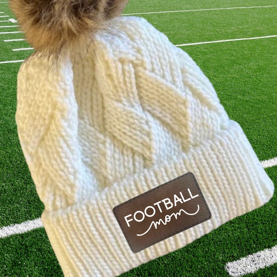 Football Mom Beanie Winter Hat Leather Patch Mom Gift Football Fan Winter Wear Warm Beanie Pom Top Cold Weather Field Accessory Team Mom