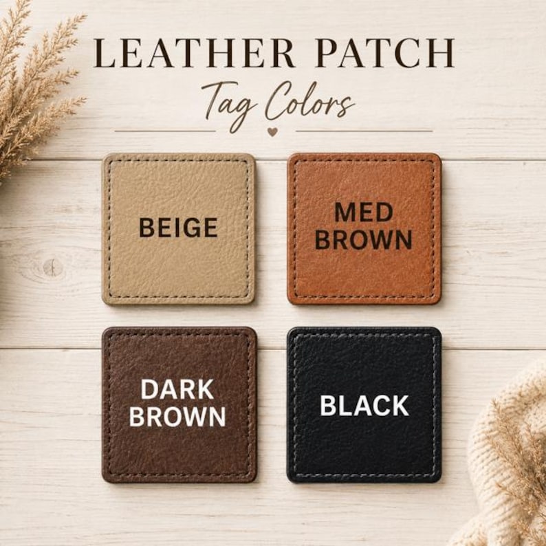 May include: Four square leather patches with stitched edges, labelled with text colours: BEIGE, MED BROWN, DARK BROWN, and BLACK. The header text reads LEATHER PATCH Tag Colours. Each patch has a textured surface and is arranged in a grid.