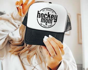 Hockey Mom Hat Design Heart Rink Mom Trucker Cap Mesh Back Foam Front Ice Gear Sports Mama Gift Idea Hockey Parent Game Day Rink Wear Cap