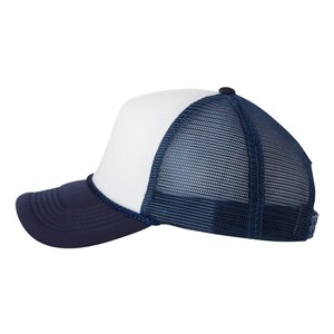 May include: A navy blue and white trucker hat. The hat features a white front panel, a navy blue brim, and a navy blue mesh back. A navy blue rope trim accents the front panel and brim. The hat has a curved brim and a snap closure.