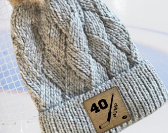 Hockey Mom Beanie Winter Hat Leather Patch Custom Design Sport Team Hockey Mom Gift Idea Winter Wear Warm Accessory Fur Pom Knit Cap Rink