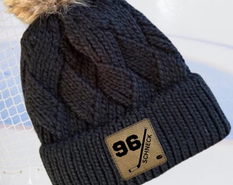 Hockey Mom Beanie Winter Hat Leather Patch Custom Design Sport Team Hockey Mom Gift Idea Winter Wear Warm Accessory Fur Pom Knit Cap Rink