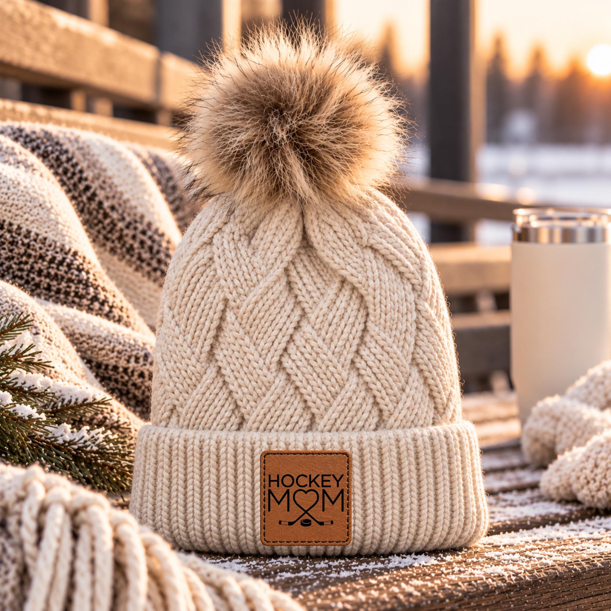 Hockey Mom Beanie Winter Hat Leather Patch Mom Gift Hockey Fan Winter Wear Warm Beanie Pom Top Cold Weather Rink Accessory Team Mom Sport