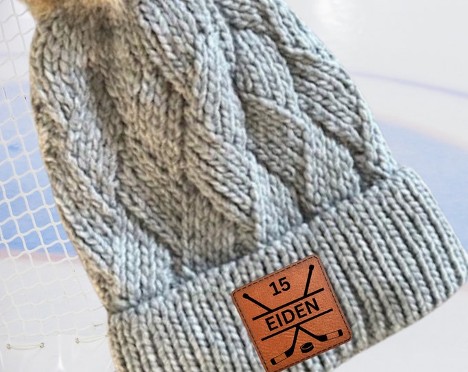Hockey Mom Beanie Winter Hat Leather Patch Custom Design Sport Team Hockey Mom Gift Idea Winter Wear Warm Accessory Fur Pom Knit Cap Rink