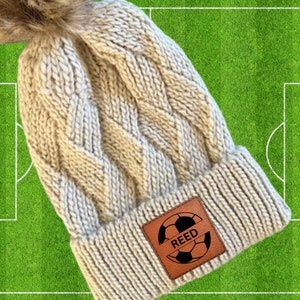 Soccer Mom Beanie Winter Hat Leather Patch Custom Design Sport Team Soccer Mom Gift Idea Winter Wear Warm Accessory Fur Pom Knit Cap Rink
