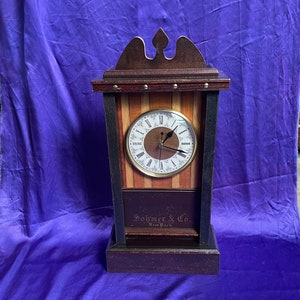 Puede incluir: Un reloj de madera vintage con esfera redonda y números romanos. El reloj tiene un marco marrón oscuro con una parte superior decorativa y el texto "Sohmer & Co. New York" en la parte delantera. La esfera es blanca con manecillas negras.