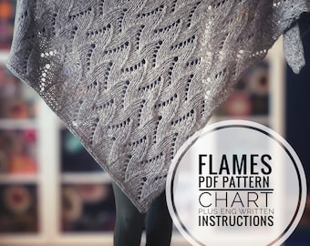 Vlammen sjaal breipatroon, driehoekig sjaal digitaal patroon, grafiek en ENG schriftelijke instructies, wikkel rond sjaalpatroon