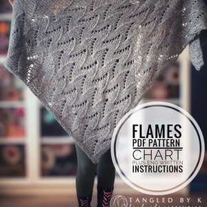 Flames shawl knitting pattern, Triangular shawl digital pattern, Chart and ENG written instructions , Wrap around shawl pattern