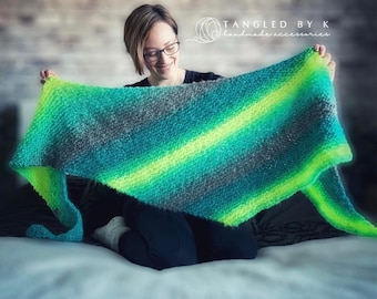 Hand Knitted Ombre Shawl, Turquoise Grey Neon Scarf, Acrylic Blend