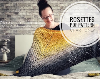Rosettes shawl crochet pattern, Triangular shawl digital pattern, Chart only shawl pattern, Wrap around shawl pattern