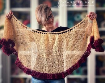 Hand Knitted Ombre Shawl, Gold Burgundy Fringe, Soft Wrap