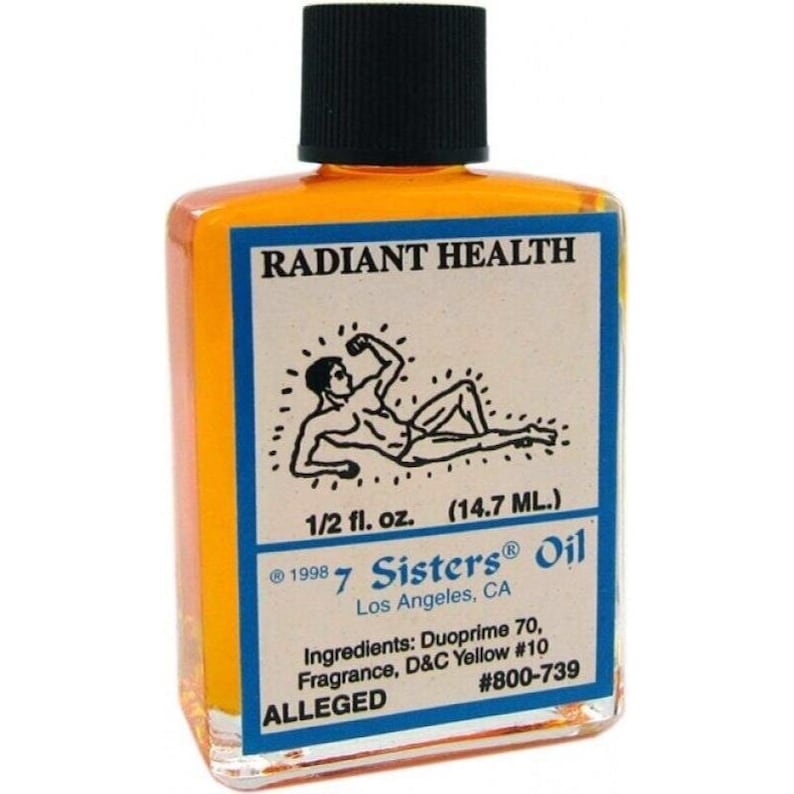 May include: A small, rectangular bottle of Radiant Health 7 Sisters Oil. The bottle has a black cap and contains a yellow liquid. The label features a drawing of a person and text that includes the volume, ingredients, and the phrase "Alleged."