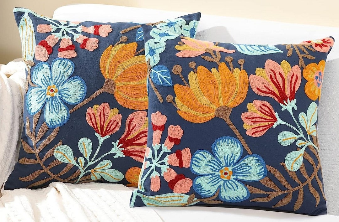 Embroidered Floral Pillow Cover Navy Blue Floral Pillow Etsy