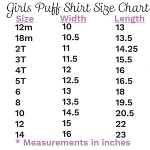 Op de afbeelding: Een maattabel voor meisjes puff shirts, met de breedte en lengte in inches voor maten 12m tot 14.