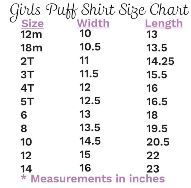 Op de afbeelding: Een maattabel voor meisjes puff shirts, met de breedte en lengte in inches voor maten 12m tot 14.