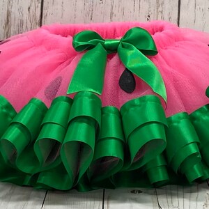 Op de afbeelding: Een roze tule tutu met een groene lintversiering en een groene strik. De tutu is versierd met zwarte watermeloenpitten.