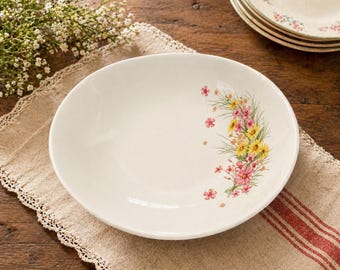 Vintage Steubenville Floral Serving Bowl USA Mid Century Oval Dish Pink Yellow Flowers