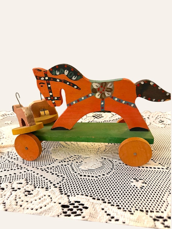 Vintage Polish Folk Art Wooden Horse Pull Toy Milenium Krakow Handmade Painted