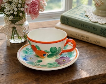 Vintage Hand Painted Teacup Saucer Set Japan Orange Floral Cottagecore Tea Cup