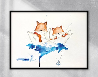 Kinderbild  "Füchse im Papierboot", Geschwisterbild, A3 & A4