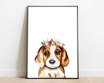 Kinderbild "Hund mit Blumen Kopfschmuck" A4 in 3 Farben