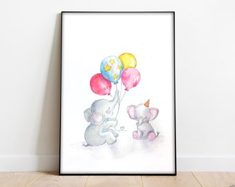 Kinderbild "Elefanten mit Luftballons" Aquarell, A4