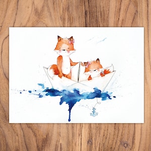 Karte "Fuchs-Mädchen im Papierboot", Aquarell, A6