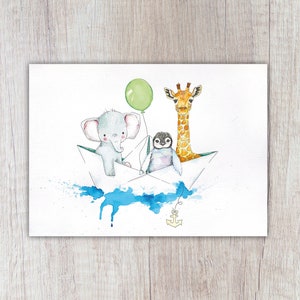 Karte "Giraffe, Pinguin, Elefant im Papierboot", grüner Ballon, A6
