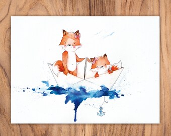 Kinderbild Geschwister Freundschaft Aquarell "Füchse im Papierboot", Kindergeburtstag, DIN A4
