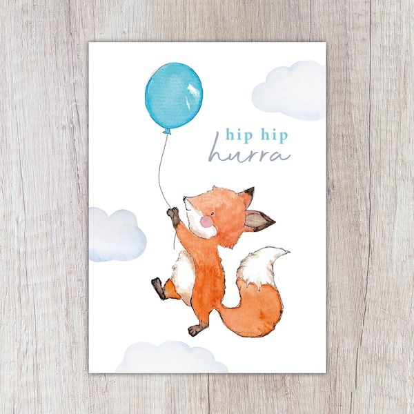 Karte "hip hip hurra" mit Fuchs und Ballon, A6