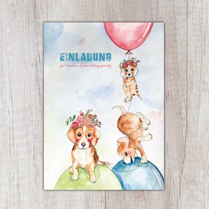 Einladungskarte "Hunde mit Luftballons" Kindergeburtstag, A6