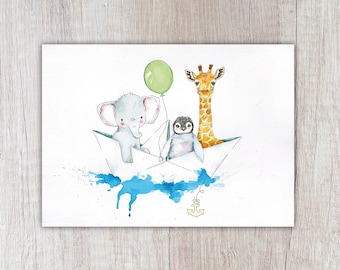 Karte "Giraffe, Pinguin, Elefant im Papierboot", grüner Ballon, A6