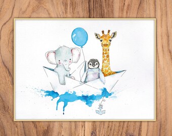Kinderbild "Giraffe, Pinguin, Elefant im Papierboot", Aquarell, DIN A4