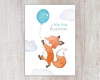 Card "hip hip hooray" with fox and balloon, A6
