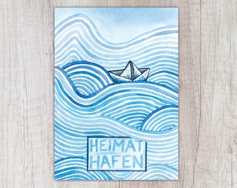 Karte "Heimat Hafen", Papierboot im Meer, A6