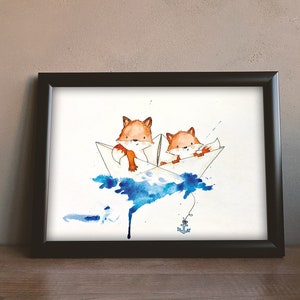 May include: Two orange foxes in a paper boat on blue watercolor waves. The boat has a blue anchor hanging from it.