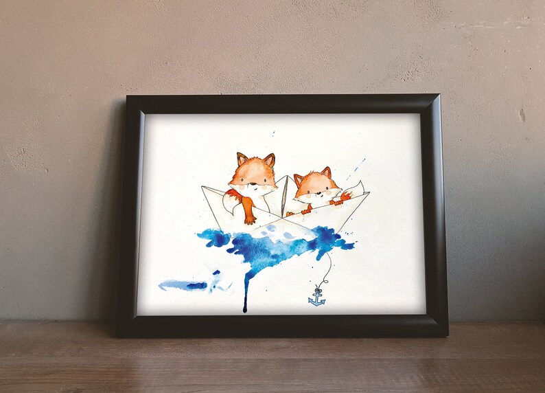 May include: Two orange foxes in a paper boat on blue watercolor waves. The boat has a blue anchor hanging from it.