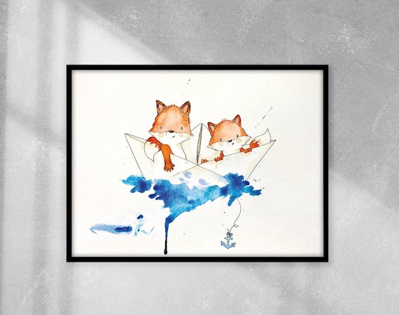 Kinderbild  "Füchse im Papierboot", Geschwisterbild, Fuchsbild, A3 & A4