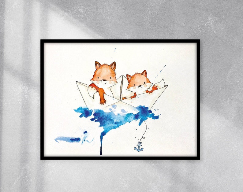 May include: Two orange foxes in a white paper boat on blue watercolor waves with a blue anchor at the bottom of the image.