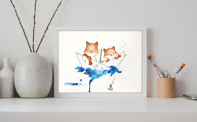 May include: Two watercolor foxes in a paper boat on a blue watercolor sea. The boat has a small anchor hanging from it.