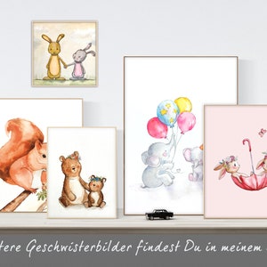 May include: Set of five watercolor prints featuring various animal pairs. The prints depict a squirrel and a squirrel, a bear and a bear cub, two elephants holding balloons, two bunnies holding an umbrella, and two bunnies holding hands.