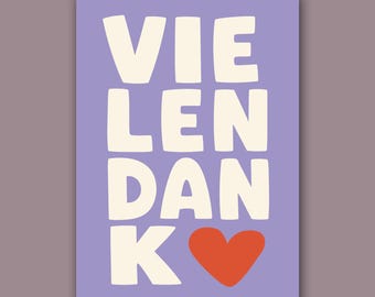 Thank you card | Purple thank you card | A6 postcard saying thank you | Gift idea thank you | Modern typography card for friends with heart