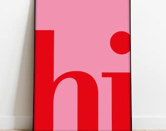 Póster de Hola para sala, pasillo y cocina | Rosa y rojo | Póster de Hola | Arte mural para la entrada | Descarga digital