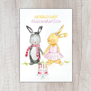 Karte "Herzlichen Glückwunsch" mit Hasen und Torte, A6