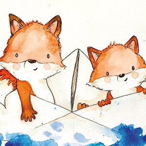 May include: Two orange foxes are sitting in a white paper boat on a blue and white watercolor background. The foxes are smiling and looking at the viewer.