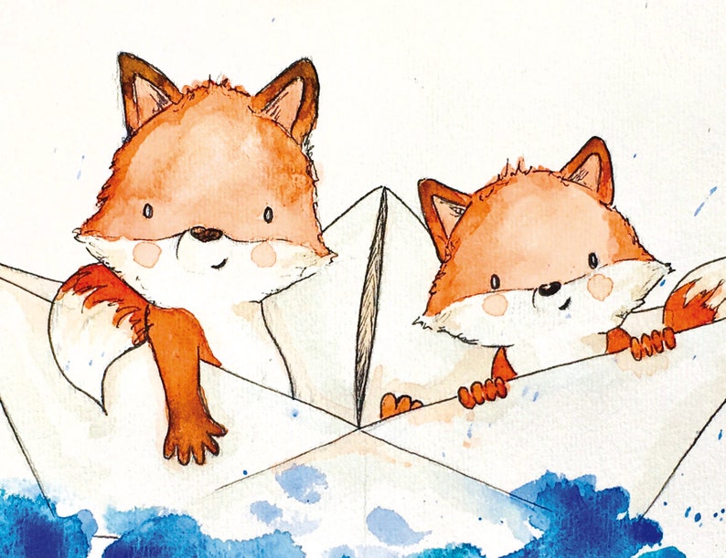May include: Two orange foxes are sitting in a white paper boat on a blue and white watercolor background. The foxes are smiling and looking at the viewer.