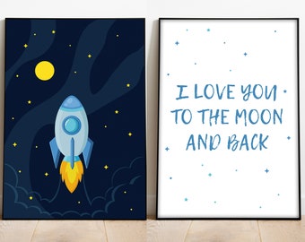 Kinderbild "I love you to the moon and back", A4, 2-er Set