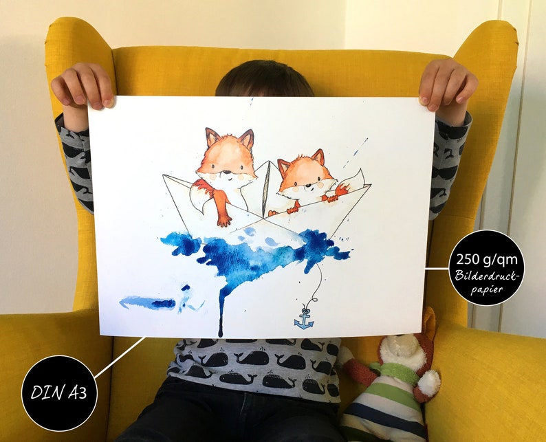 May include: Two orange foxes in paper boats on a blue watercolor background with a small anchor at the bottom. The print is on 250 g/qm photo paper and is DIN A3 size.