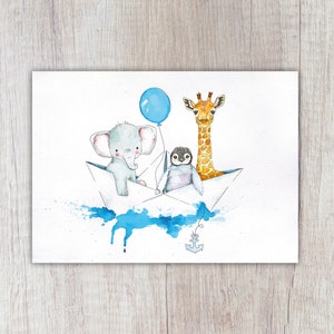 Karte "Giraffe, Pinguin, Elefant im Papierboot", blauer Ballon, A6