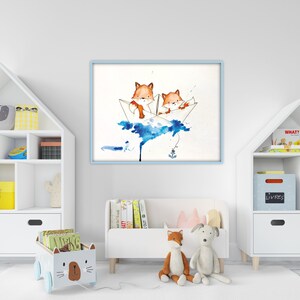May include: Two watercolor foxes in a blue paper boat on a white background. The foxes are smiling and have orange fur. The boat is made of paper and has a blue and white design. The background is white with blue watercolor splatters.